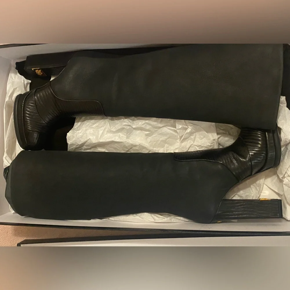 Authentic NIB CHANEL Knee High Tall Heeled Logo Boots 37